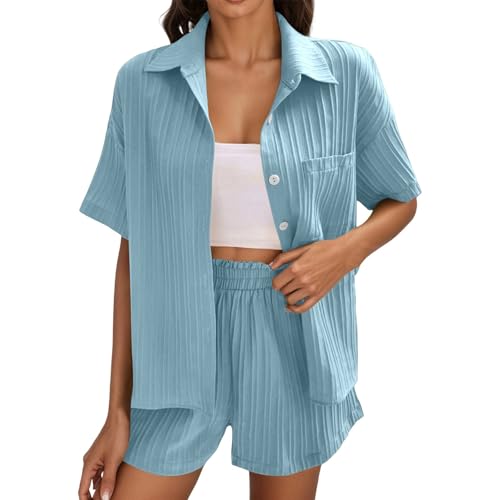 Zweiteiler Damen Sommer Musselin Set Kurzarm Bluse Und Short Outfits Elegant Kurz Set 2 Teiler Luftig Freizeitanzug Casual Hausanzug Leicht Atmungsaktiv Loungewear Anzug Leicht Blusenshirt & Shorts von Generisch