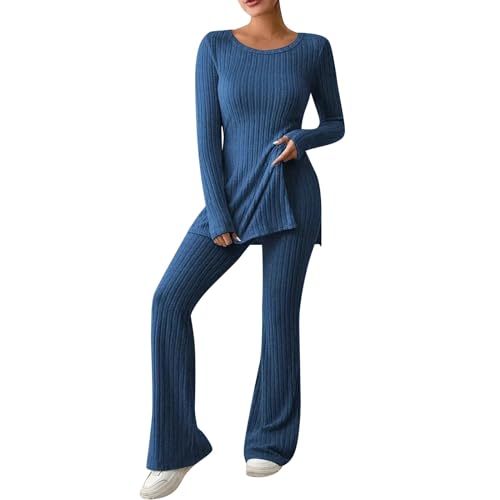 Zweiteiler Damen Strickanzug Langarm Strickpullover Mit Schlitz Lange Schlaghose Sportanzug Lounge Set Jogginganzug Damen Einfarbig Warm Freizeitanzug Loungewear Kann Draußen Getragen Werden von Generisch