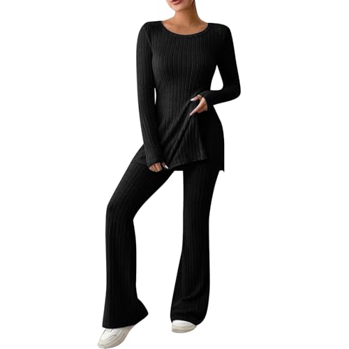 Zweiteiler Damen Strickanzug Langarm Strickpullover Mit Schlitz Lange Schlaghose Sportanzug Lounge Set Jogginganzug Damen Einfarbig Warm Freizeitanzug Loungewear Kann Draußen Getragen Werden von Generisch