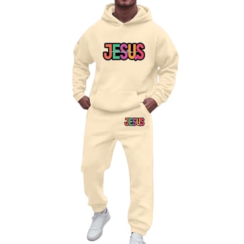 Zweiteiler Herren Jogginganzug Baggy Trainingsanzug Lang Sportanzug 2 Teiliges Outfit Jesus Hoodie Und Jogginghose Gelb Set Tracksuit Men Jogging Set Herbst Winter Outfit Sport Sportbekleidung von Generisch