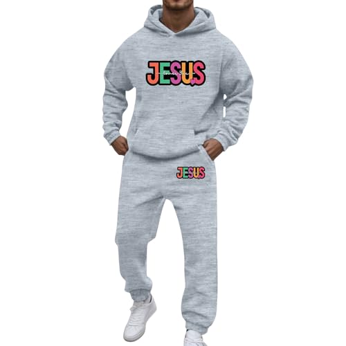 Zweiteiler Herren Jogginganzug Baggy Trainingsanzug Lang Sportanzug 2 Teiliges Outfit Jesus Hoodie Und Jogginghose Grau Set Tracksuit Men Jogging Set Herbst Winter Outfit Sport Sportbekleidung von Generisch