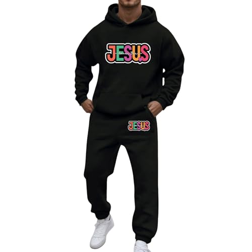 Zweiteiler Herren Jogginganzug Baggy Trainingsanzug Lang Sportanzug 2 Teiliges Outfit Jesus Hoodie Und Jogginghose Schwarz Set Tracksuit Men Jogging Set Herbst Winter Outfit Sport Sportbekleidung von Generisch