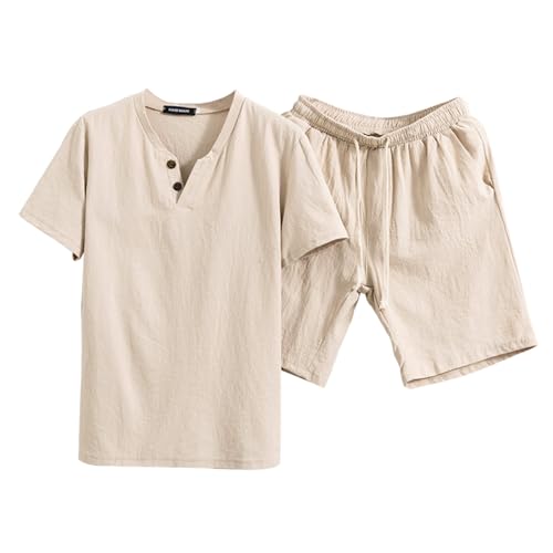 Zweiteiler Herren Leinenanzug Sommer Freizeitanzug Einfarbig 2-teilig Kurzarm Button-Up Revers Hemd und Shorts Beach Shirt Kurze Hose Set Baumwolle Anzug Sommer Outfit Herren Satz von Generisch