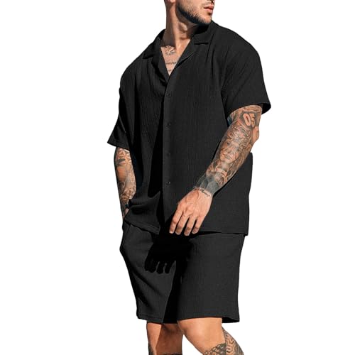 Zweiteiler Herren Leinenanzug Sommer Freizeitanzug Einfarbig 2-teilig Kurzarm Button-Up Revers Hemd und Shorts Herren Set Beach Shirt Kurze Hose Outfits Baumwolle Leinen Anzug für Urlaub Strand Alltag von Generisch