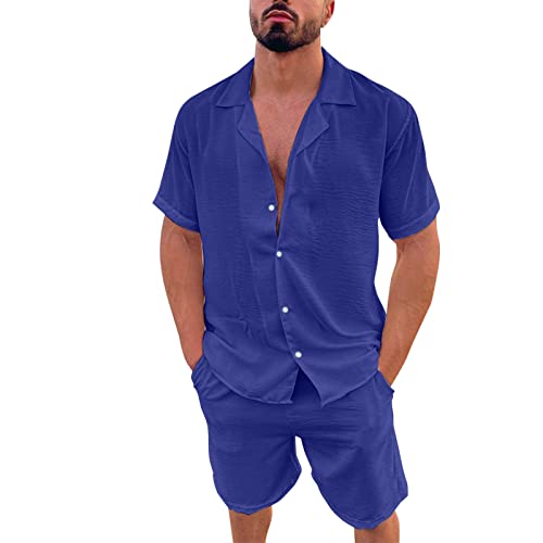 Zweiteiler Herren Leinenanzug Sommer Freizeitanzug Einfarbig 2-teilig Kurzarm Button-Up Revers Hemd und Shorts Herren Set Beach Shirt Kurze Hose Outfits Baumwolle Leinen Anzug für Urlaub Strand Alltag von Generisch