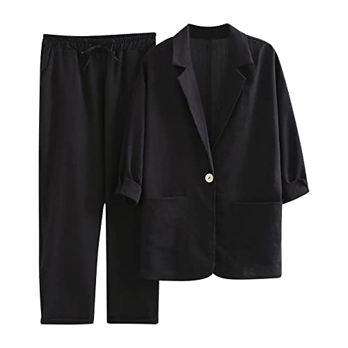 Zweiteiliges Set für Damen, Sommer, Baumwollleinen, 2-teiliges Revers, Blazer, Knopfleiste und einfarbige Hose mit Kordelzug, 2-teiliges Outfit für Damen, Schwarz , 42 von Generisch