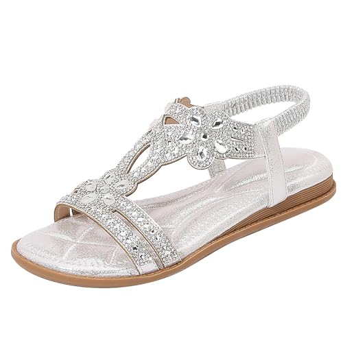 angebot des tages blitzangebot Sandalen Damen Glitzer Strass Slingback Sandaletten Leichte mit Keilabsatz Sommer Frauen Schuhe Keilsandalen Elegant Bequem barfuss schuhe damen weiß Silbrig 38 von Generisch