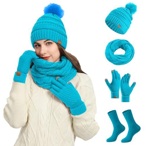 Damen Strick Wintermütze Schal Touchscreen Handschuhe und Socken Set 4 Stücke Winter Warme Strickmütze Schal Dicke Winterhandschuhe Thermo Gestrickte Socken 4 in 1 von Generisch