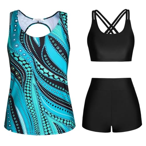 bikini damen set bauch weg, 3-Teiliger Tankini Damen Bauchweg mit Shorts Sportlich Bikinioberteile Bikini Set Blumenmuster Bademode Badeanzug Große Größen Sommer Badeanzüge Badeshorts, Blau, L von Generisch