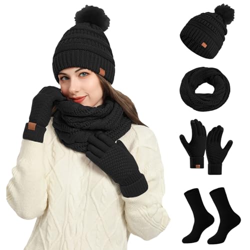 Damen Strick Wintermütze Schal Touchscreen Handschuhe und Socken Set 4 Stücke Winter Warme Strickmütze Schal Dicke Winterhandschuhe Thermo Gestrickte Socken 4 in 1 von Generisch