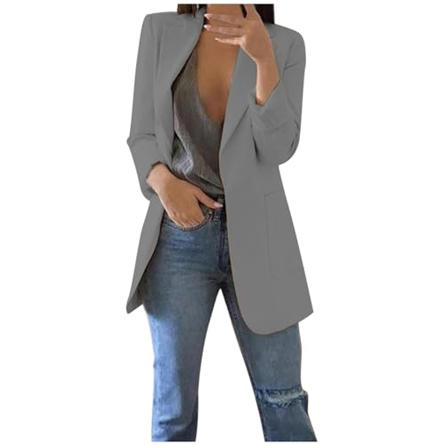 blazer damen lang sommer, Blazer Damen Elegant Langarm Einfarbig Mantel Jacke Revers Geschäft Büro Anzugjacke Lang mit Tasche Sakko Anzug Business Longblazer Frühling Sommer Trenchcoat von Generisch