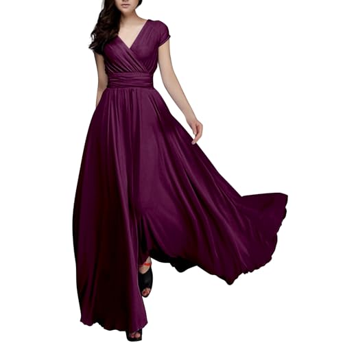blitzangebote des Tages Abendkleid Damen Lang Elegant Chiffon Brautjungfernkleid V-Ausschnitt Rüschenärmel Abendkleider mit Taschen Gerüschte Brust A-Linie Abendkleider lang elegant RD2 5XL von Generisch