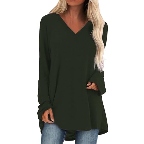 Generisch Damen Langarm Oversize Basic Langarmshirt Pullover Tunika Rundhalsausschnitt V-Ausschnitt Oberteil Lässige Einfarbig Tops Baumwolle Blusen Longsleeve von Generisch