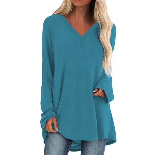 Generisch Longshirt Damen Langarm Oversize Basic Langarmshirt Pullover Tunika Rundhalsausschnitt V-Ausschnitt Oberteil Lässige Einfarbig Tops Baumwolle Blusen Longsleeve von Generisch