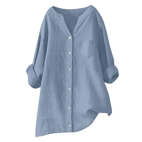 blusen & Tuniken für Damen leinenbluse Sommer leinenhemd große größen Button-Down Übergröße Hemd V-Ausschnitt Langarm Elegant Atmungsaktive Tops Freizeithemd Lose Shirts Mit Brusttaschen von Generisch