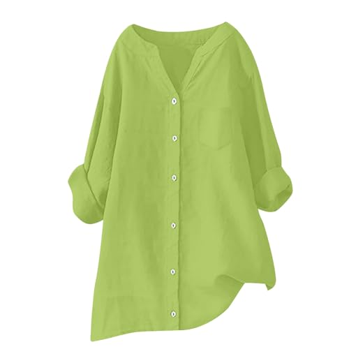 blusen & Tuniken für Damen leinenbluse Sommer leinenhemd große größen Button-Down Übergröße Hemd V-Ausschnitt Langarm Elegant Atmungsaktive Tops Freizeithemd Lose Shirts Mit Brusttaschen von Generisch