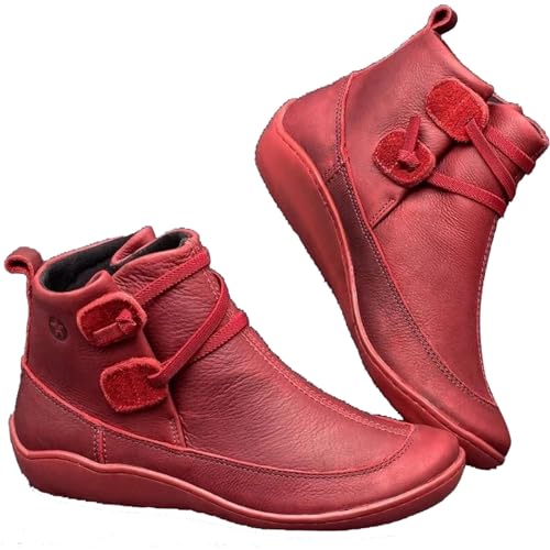 breite füße schuhe Damen Stiefeletten Leder Flache SchnüRstiefel Aus Wasserdichtem Stiefel Bequem Rutschfeste Orthopädische Schuhe Leicht Slip On Breite Gartenschuhe Boots Regenschuhe Red 41 von Generisch