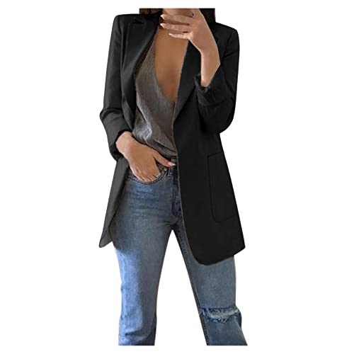 damen blazer schwarz elegant oversize, Blazer Damen Elegant Langarm Einfarbig Mantel Jacke Revers Geschäft Büro Anzugjacke Lang mit Tasche Sakko Anzug Business Longblazer Frühling Sommer Trenchcoat von Generisch