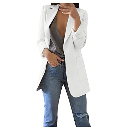 damen blazer sportlich elegant, Blazer Damen Elegant Langarm Einfarbig Mantel Jacke Revers Geschäft Büro Anzugjacke Lang mit Tasche Sakko Anzug Business Longblazer Frühling Sommer Trenchcoat von Generisch