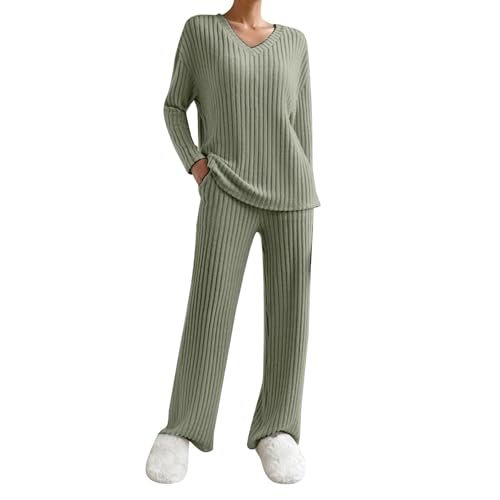 damen klamotten, Schlafanzug Damen Lang Gerippt Zweiteiliger Pyjama Set Winter Loungewear Warm Hausanzug mit Flauschigem Stoff von Generisch