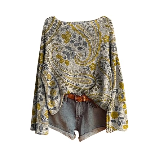 damen pulli pullover v-ausschnitt,Boho Vintage Rundhals Strickpullover Damen Herbst Winter Casual Langarmshirt Floral Print Bequem Oberteil Bluse trendiger Übergröße Strickwaren Pullover für Frauen von Generisch