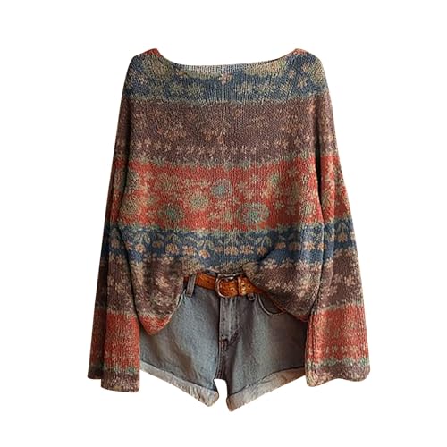 damen pullover herbst lang,Boho Vintage Rundhals Strickpullover Damen Herbst Winter Casual Langarmshirt Floral Print Bequem Oberteil Bluse trendiger Übergröße Strickwaren Pullover für Frauen von Generisch