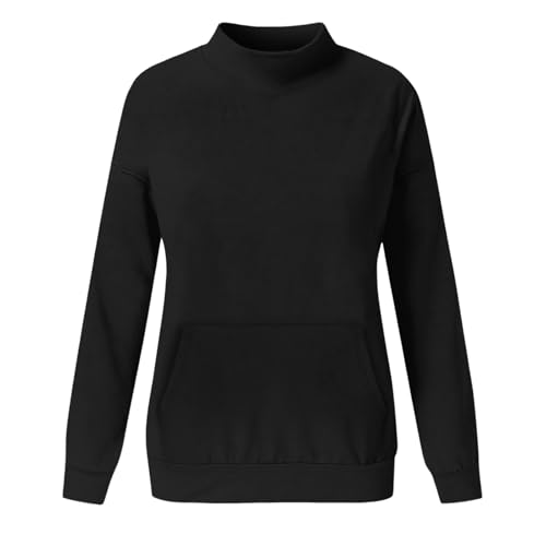 damenpullover langarm,Langarm Sweatshirt Herbst Für Damen Turtleneck Herbst Rundhals Oberteil Mit Tasche Elegant Casual Basic Langarmshirt Frauen Baumwolle Oversize Pullover Tops Ohne Kapuze von Generisch