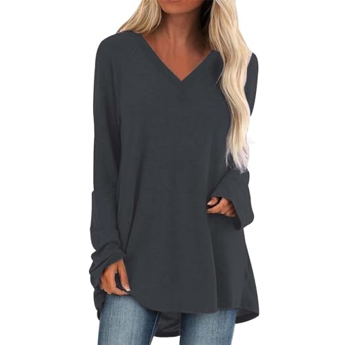 Generisch Longshirt Damen Langarm Oversize Basic Langarmshirt Pullover Tunika Rundhalsausschnitt V-Ausschnitt Oberteil Lässige Einfarbig Tops Frühjahr Sommer Baumwolle Blusen von Generisch