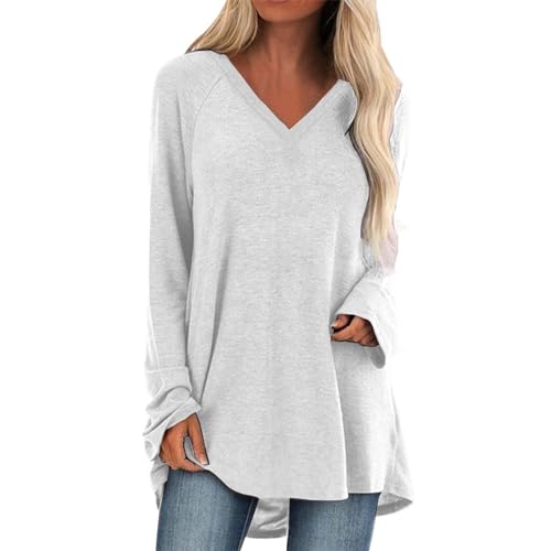 Generisch Longshirt Damen Langarm Oversize Basic Langarmshirt Pullover Tunika Rundhalsausschnitt V-Ausschnitt Oberteil Lässige Einfarbig Tops Frühjahr Sommer Baumwolle Blusen von Generisch