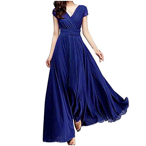 dunkelblaues Kleid Glitzer Abendkleid Damen Lang Elegant Chiffon Brautjungfernkleid V-Ausschnitt Rüschenärmel Abendkleider mit Taschen Gerüschte Brust Abendkleider elegant lang Blau 3XL von Generisch