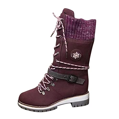 e Gummistiefel Damen Gummistiefel GrößE 39 Gürtel Wollschnalle Mid- Heel Fashion Boots Lace-Up Women's Damenstiefel Gummistiefel Kinder 30 Herbstschuhe Damen (Purple, 37) von Generisch