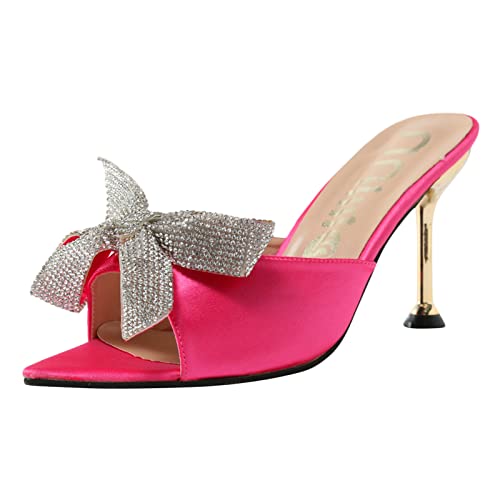 einfarbig Satin Strass Schleife Spitze Zehe dünne High Heels Schuhe Damen Schuhe Gelb 40 (Hot Pink, 41) von Generisch