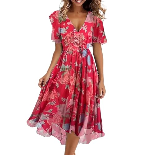 erschwingliche kleid damen，Chiffon Boho Lange Kleid Damen Sommerkleid Elegant Rüschen Wickelkleid Partykleid Sexy V-Ausschnitt Maxikleid Blumenkleid Abendkleid Rüschen Strandkleid Cocktailkleid von Generisch