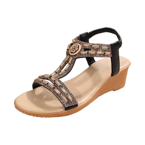 espadrilles für damen keilabsatz Sandalen Damen Slingback Orthopädische Sommerschuhe Sommer Boho Style Flache Weichen Sohlen Mit Fussbett Atmungsaktive Peep Toe Hallux Valgus Schwarz 37 von Generisch