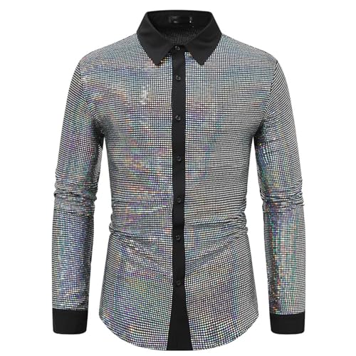 faschingskostüme männer, Pailletten Hemd Herren 70er Jahre Club Glitzerhemd Oberteil Langarm Glänzend Glitzer Hemd Freizeithemd Disco Party Slim Fit Pailletten Hemd Business Freizeit Disco Outfit von Generisch