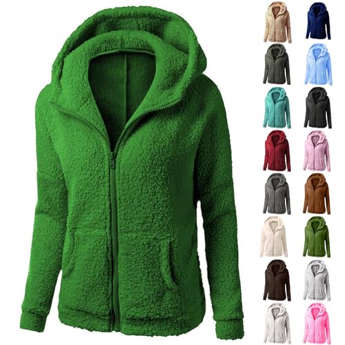 fleecejacke damen teddy,Teddy Fleece Jacke Grün Fleecejacke mit Kapuze Reißverschluss Thermo Kuschelige Flauschige Sweatjacke Wollfleece Pulli Plüschjacke Fliesjacken Für Frauen Winter Bekleidung von Generisch