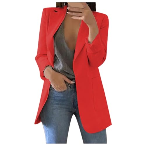 frühlingsjacke damen elegant, Blazer Damen Elegant Langarm Einfarbig Mantel Jacke Revers Geschäft Büro Anzugjacke Lang mit Tasche Sakko Anzug Business Longblazer Frühling Sommer Trenchcoat von Generisch