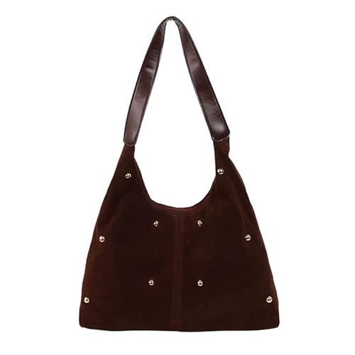 garhomtur Damen-Schultertasche aus Samt, große Kapazität, mit Nieten, Handtasche, Reisen, Einkaufen, Pendeln, coffee von Generisch