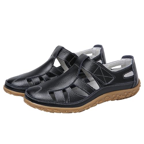 geschlossene sommerschuhe damen Sandalen Damen Breite Füße Weichen Sohlen Sandaletten Bequeme Flache Orthopädische-Sandalen Vorne Geschlossen Sommerschuhe atmungsaktiv hausschuh Schwarz 39 von Generisch
