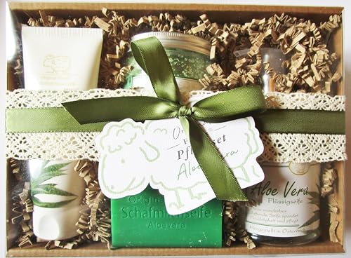 großes Geschenkset Pflegeset Aloe Vera mit 100g Schafmilchseife, 250 ml Flüssigseife, 300g Badesalz, 75 ml Handcreme in Geschenkbox - aus Schafmilch (frei von Parabenen und Silikonen) von Generisch