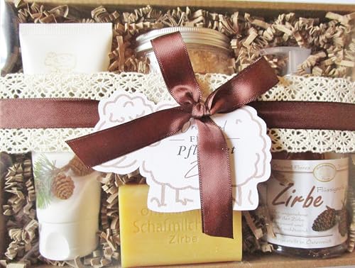 großes Geschenkset Pflegeset Männer Zirbe mit 100g Schafmilchseife, 250 ml Flüssigseife, 300g Badesalz und einer 75 ml Handcreme in der Geschenkbox - aus Schafmilch (frei von Parabenen und Silikonen) von Generisch