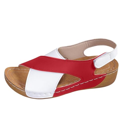 hausschuhe damen mit fußbett Sandalen Damen Elegant Orthopädische Slide Bequeme Breite Füße Plateau Damensandalen Ultra-bequeme Slingback Weichen Sohlen Sandaletten elegante pantoletten Red 42 von Generisch