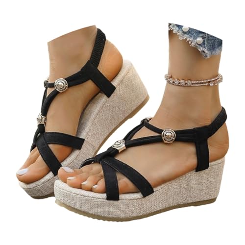 hausschuhe mit fußbett Sommerschuhe Damen Elegant Keilabsatz Peep Toe mit Weiche Fussbett Sandalen Bequeme Slingback OrthopäDische-Sandalen Sommer Boho sandaletten damen sommer Schwarz 37 von Generisch