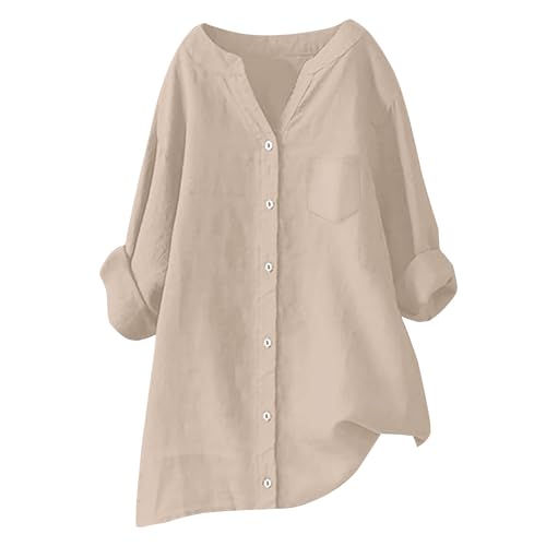 hemdbluse Damen Blusen & Tuniken Für leinenbluse Sommer leinenhemd große größen Button-Down Übergröße Hemd V-Ausschnitt Langarm Elegant Atmungsaktive Freizeithemd Shirts Mit Brusttaschen von Generisch