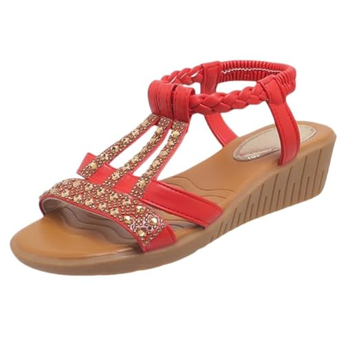keilabsatz sandaletten Sandalen Damen Sommer Elegant Slingback Orthopädische Sommerschuhe Flache Weichen Sohlen Mit Fussbett Atmungsaktive Peep Toe sommerschuhe damen elegant Red 41 von Generisch
