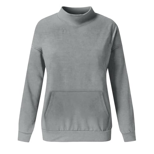 lange oberteile für leggings,Langarm Sweatshirt Herbst Für Damen Turtleneck Herbst Rundhals Oberteil Mit Tasche Elegant Casual Basic Langarmshirt Frauen Baumwolle Oversize Pullover Tops Ohne Kapuze von Generisch