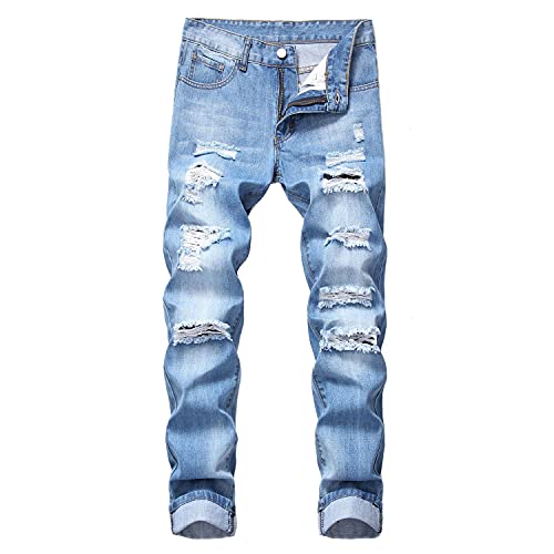 liangduming Herren Jeans Mit Geradem Bein Mit Destroyed-Effekten Skinny Slim Fit Jeanshose Im Used-Look Zerfetzte LäSsige Mode Verwaschene Hose (34,Hellblau) von Generisch