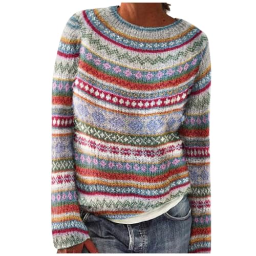 Strickpullover Damen Oversize - Norweger Pullover Winter Elegant Rundhals Sweatshirt Casual Winterpullover Mit Aufdruck Gestrickter Pullover Warme Bequem Langarm Mode Autumn von Generisch
