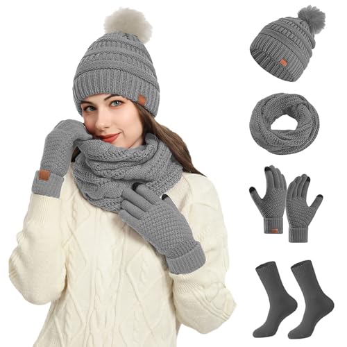 Damen Strick Wintermütze Schal Touchscreen Handschuhe und Socken Set 4 Stücke Winter Warme Strickmütze Schal Dicke Winterhandschuhe Thermo Gestrickte Socken 4 in 1 von Generisch