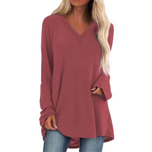 Generisch Damen Langarm Oversize Basic Langarmshirt Pullover Tunika Rundhalsausschnitt V-Ausschnitt Oberteil Lässige Einfarbig Tops Sommer Baumwolle Blusen von Generisch